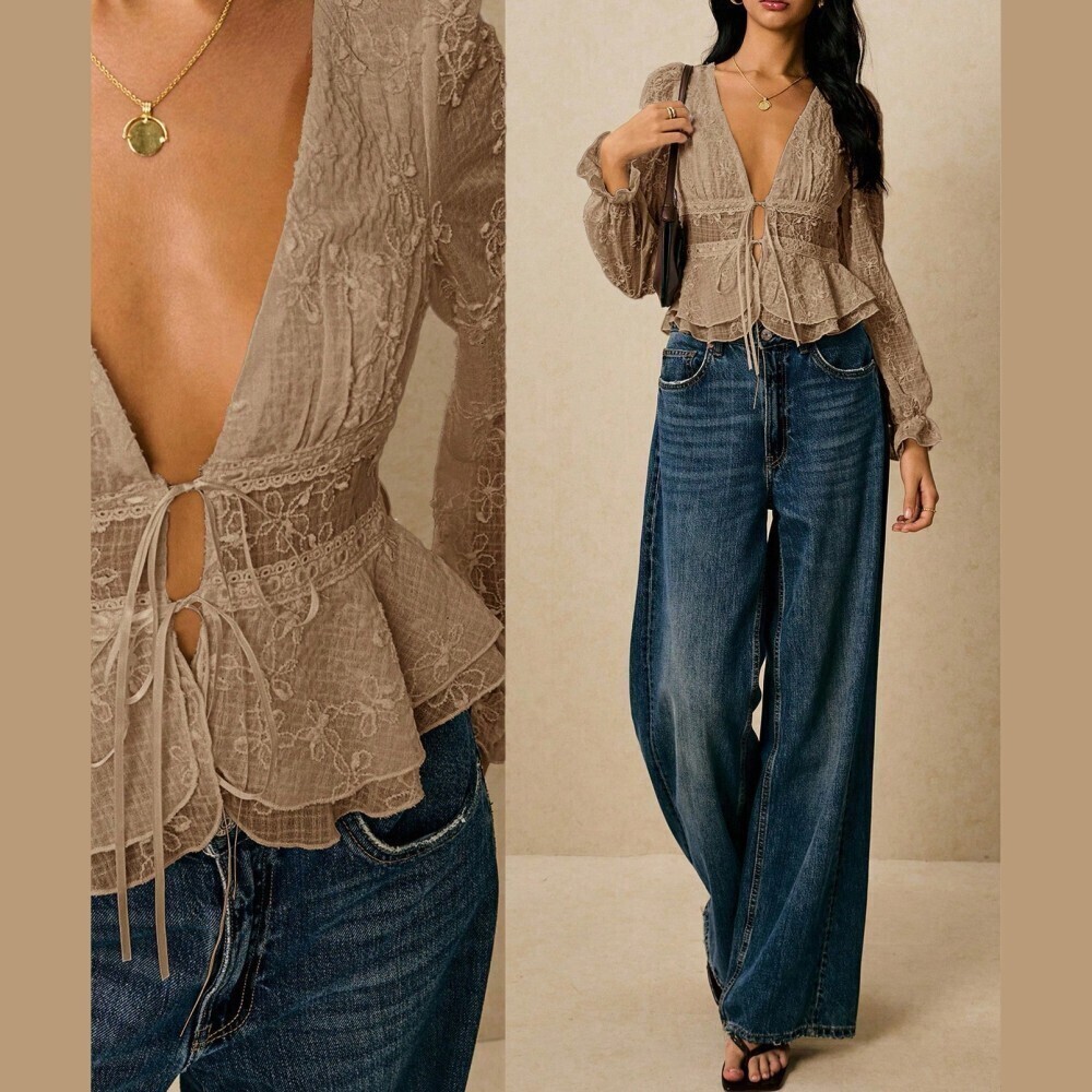 Tan Lace Semi-Sheer Tie-Front Peplum Blouse with Ruffle Cuffs - Picture 2 of 9